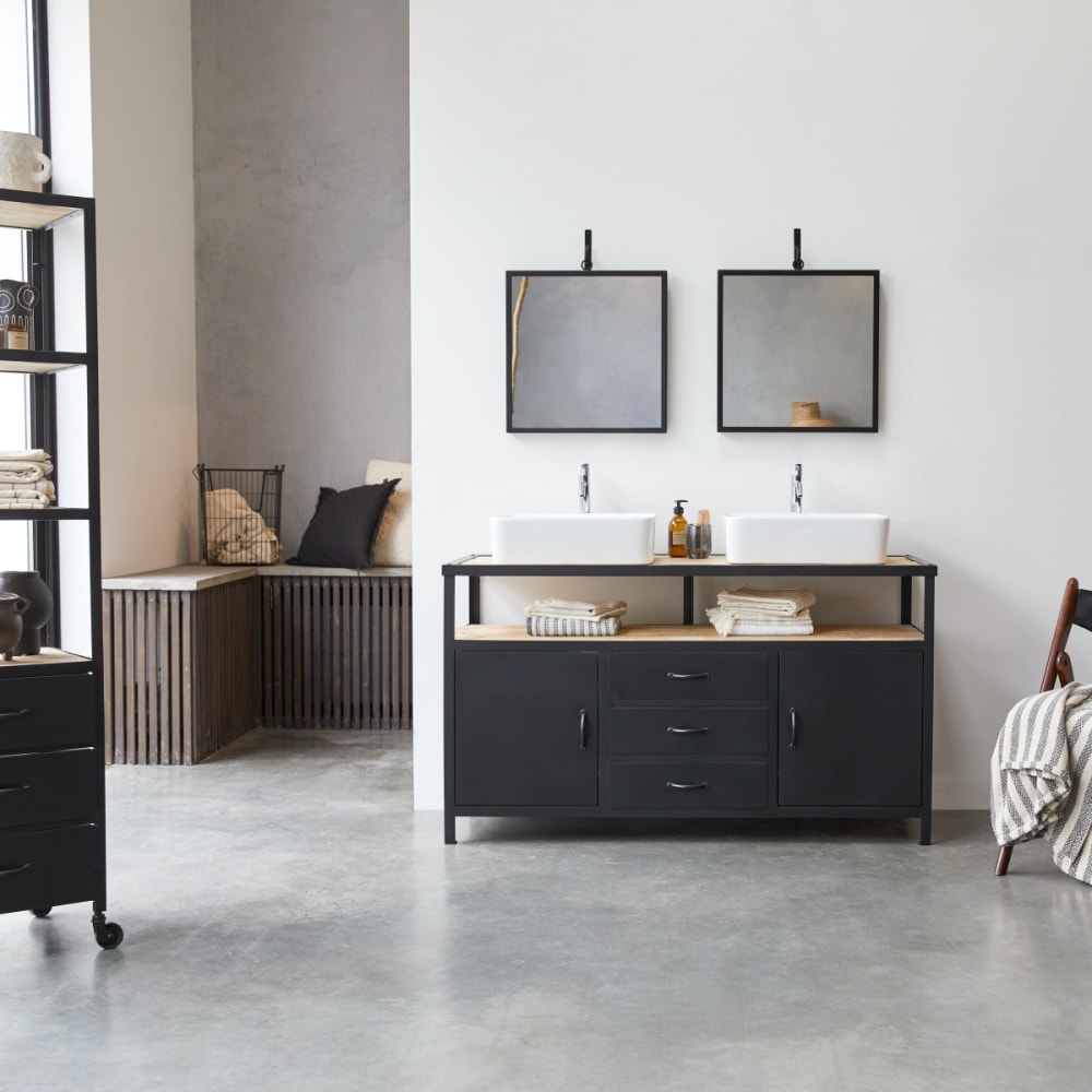 Tikamoon Waschtischunterschrank aus massivem Mangoholz und Metall 140 cm style industrial Schwarz Metall