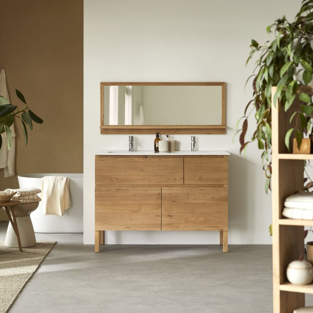 Tikamoon Badezimmermöbel aus massiver Eiche und Keramik 120 cm style classic chic Beige Holz