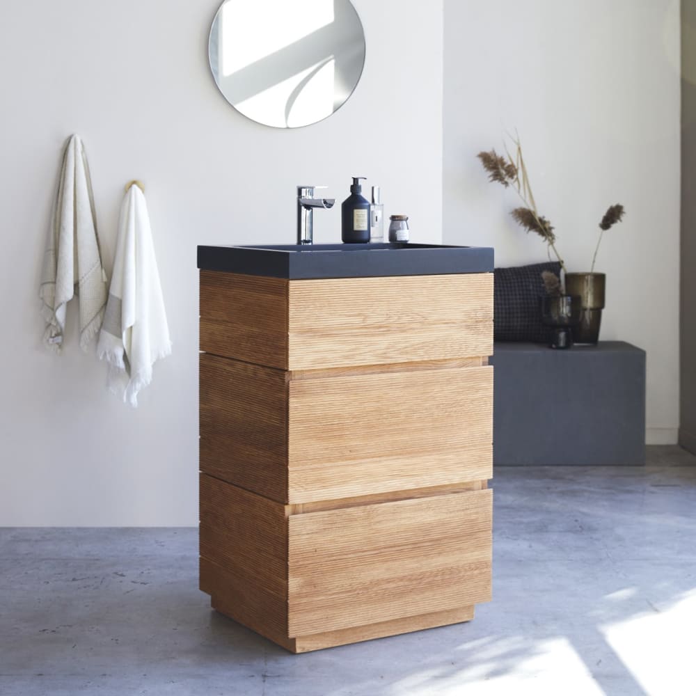 Tikamoon Badezimmermöbel aus massiver Eiche und Lavastein60 cm style vintage Beige Holz