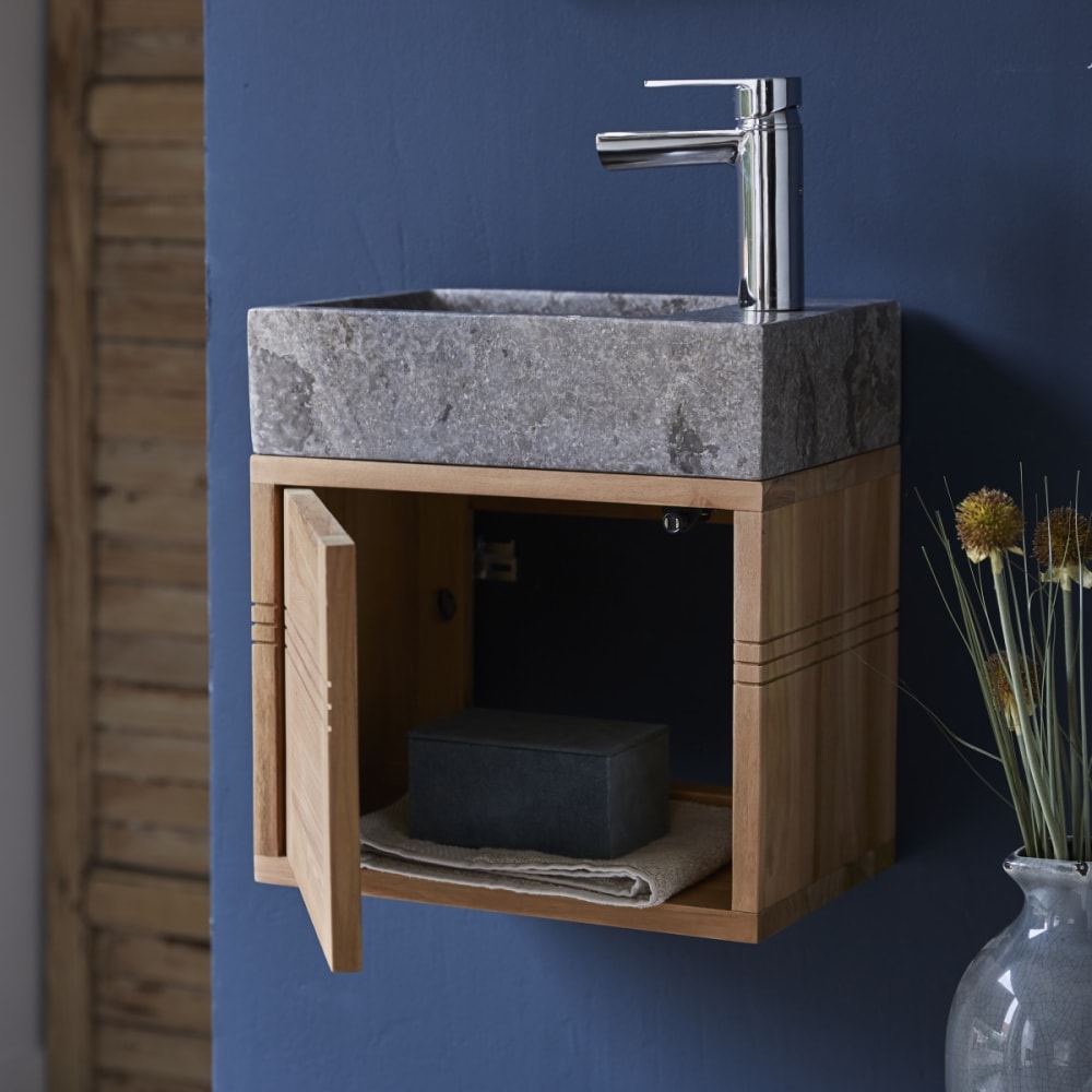 Badunterschrank massivem Teakholz mit Marmor Waschbecken grey -