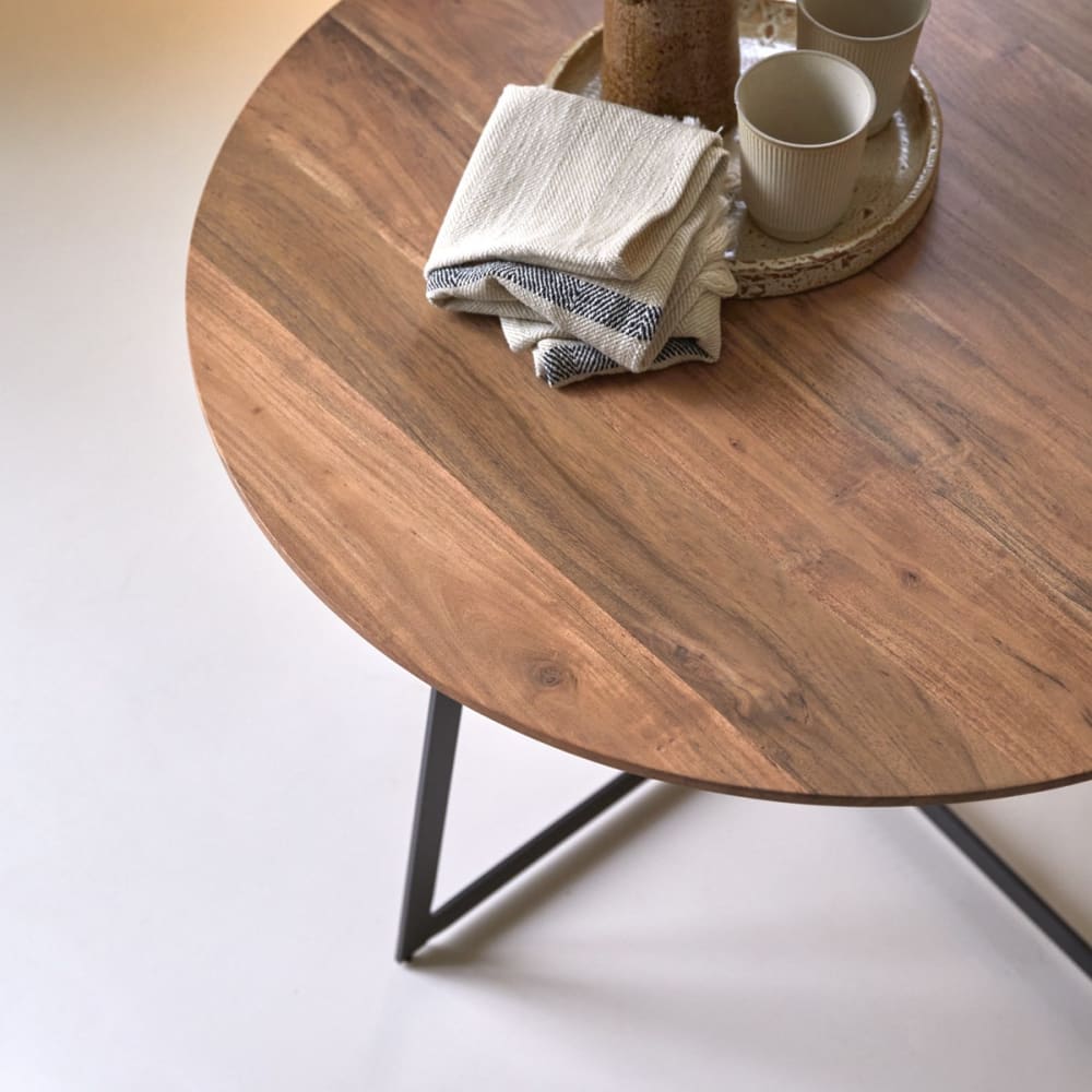 Couchtisch aus Akazienholz mit Metallfüßen rund 80 cm - Maisons