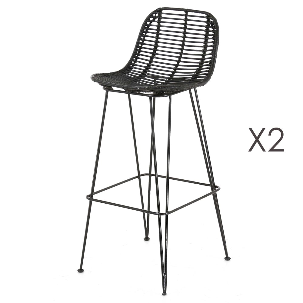 Chaise de bar en rotin noir et pieds épingles métal Fresh