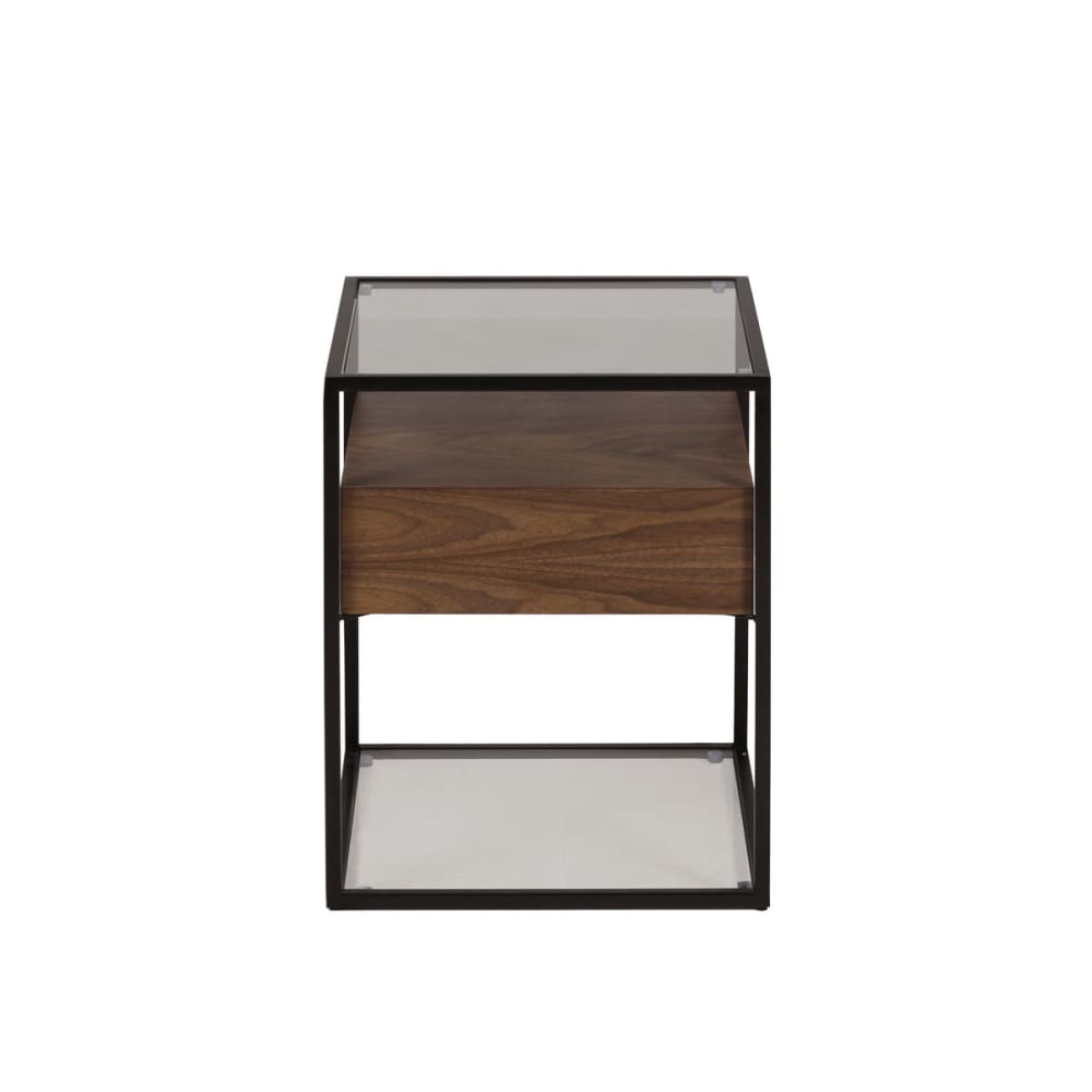 Bout de canapé en métal verre et plaquage noyer 1 tiroir