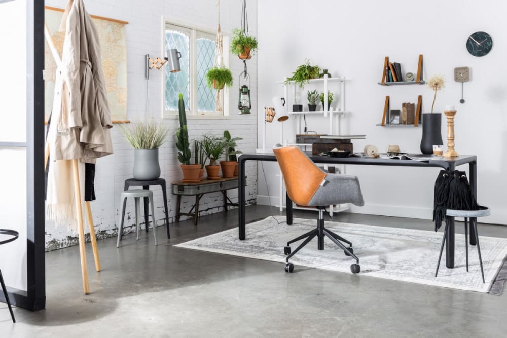 Fauteuil de bureau en tissu gris et cuir végétal brun vintage
