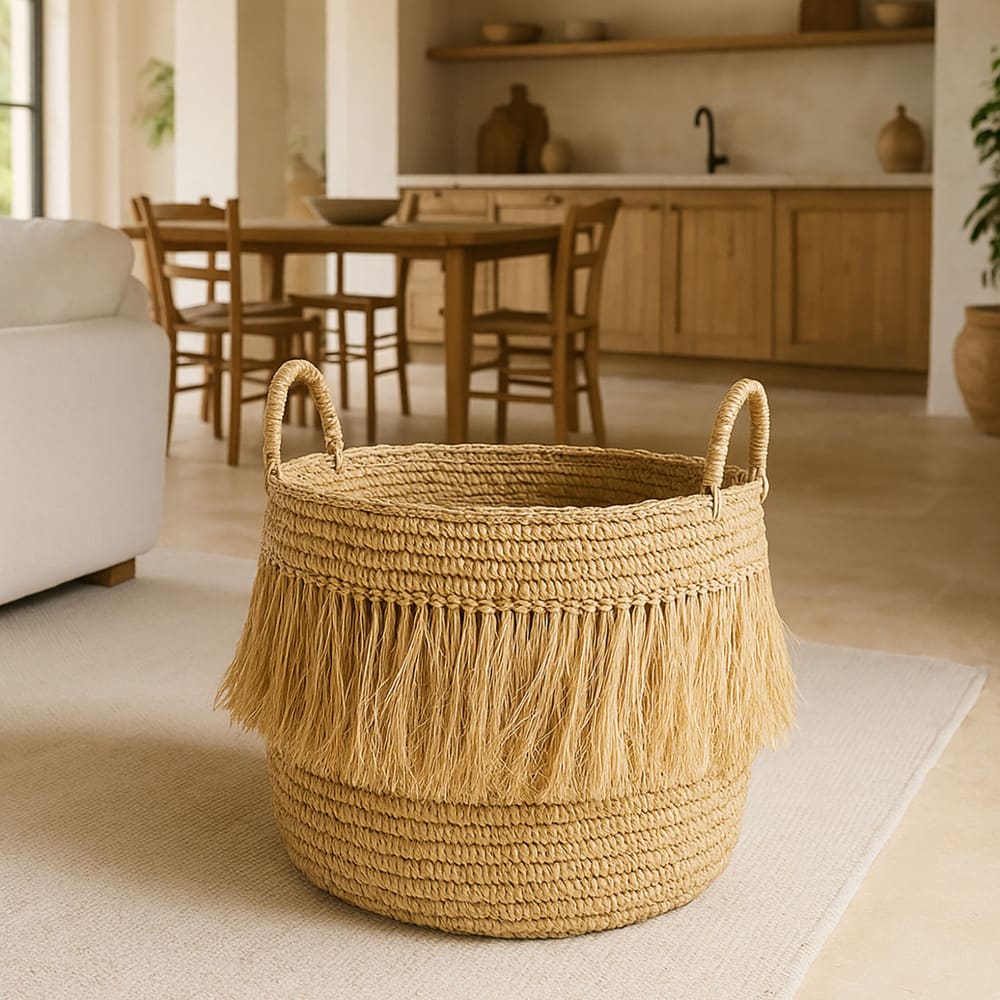 Panier à franges en raphia naturel avec anses 48cm - Maisons du Monde
