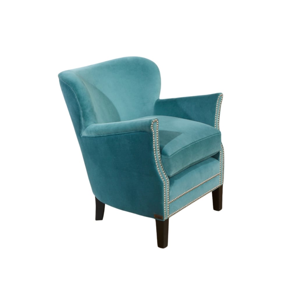 Fauteuil club clouté en pin et velours clouté bleu arctique
