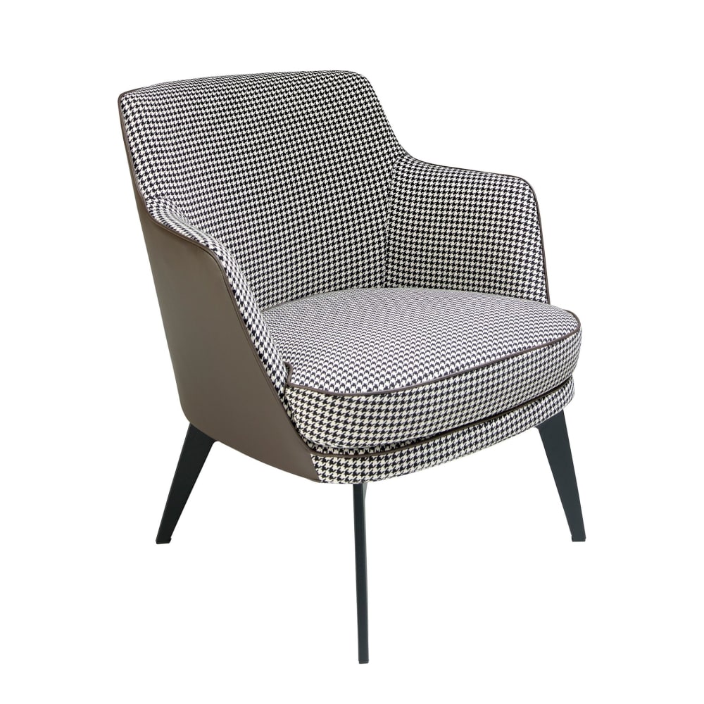 Fauteuil en similicuir brun chocolat et tissu noir et blanc Fauteuil en similicuir brun chocolat et tissu noir et blanc