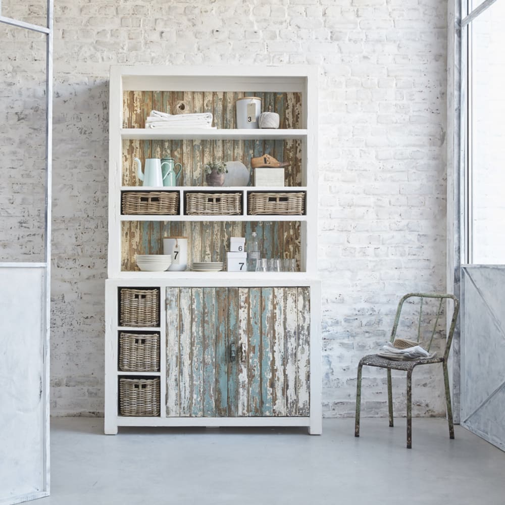BERAH GETAH Bücherregal 1 Schrank 6 Körbe 3 Regale aus recyceltem Kiefernholz style modern Weiß
