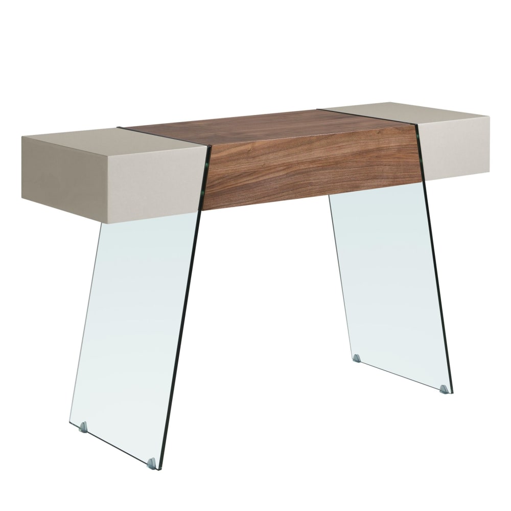 Console rectangulaire en bois gris, noyer et verre trempé Console rectangulaire en bois gris, noyer et verre trempé