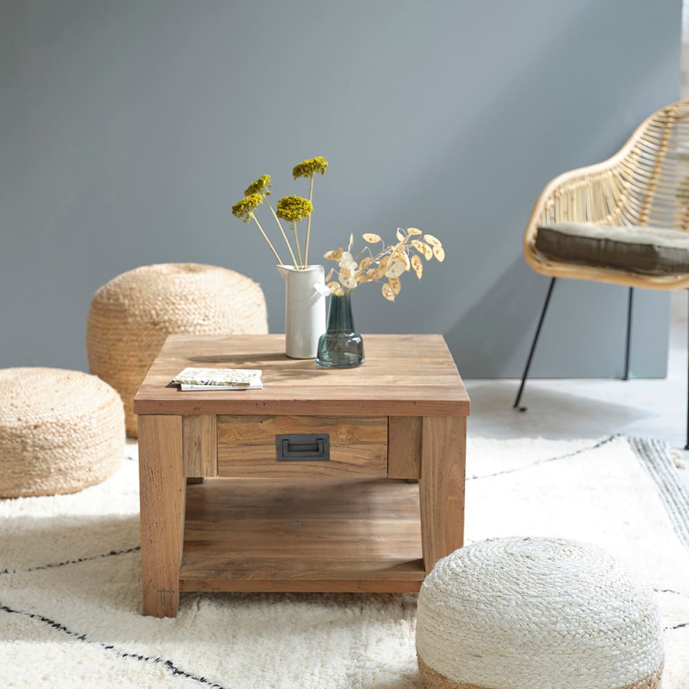 BERAH GETAH Table basse en teck recyclé massif style campagne Beige Bois - 60x42x60cm