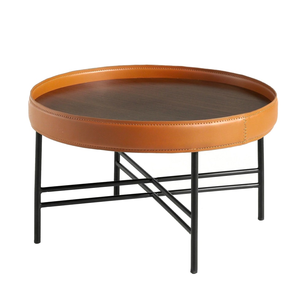 Table basse ronde en simili cuir, noyer et acier noir Table basse ronde en simili cuir, noyer et acier noir