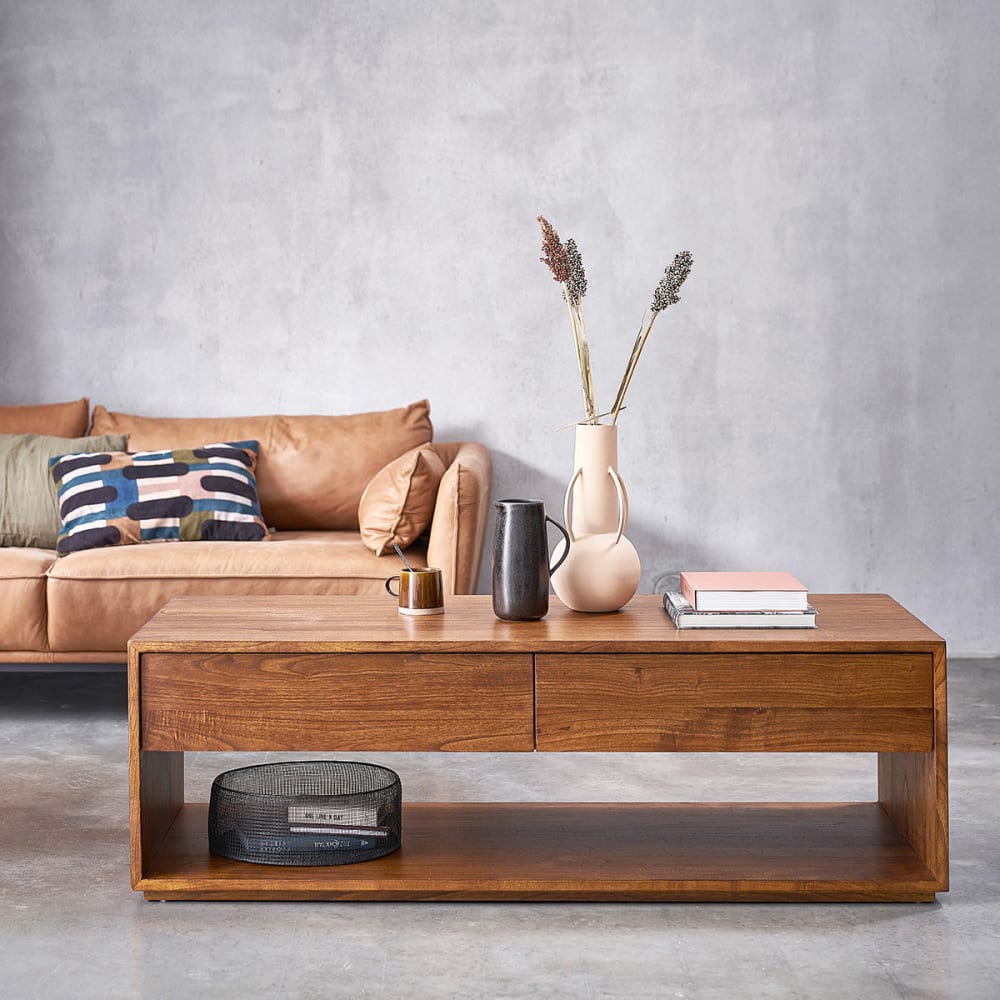 BERAH GETAH Couchtisch mit 4 Schubladen in Nussbaum-Finish style modern Braun Holz