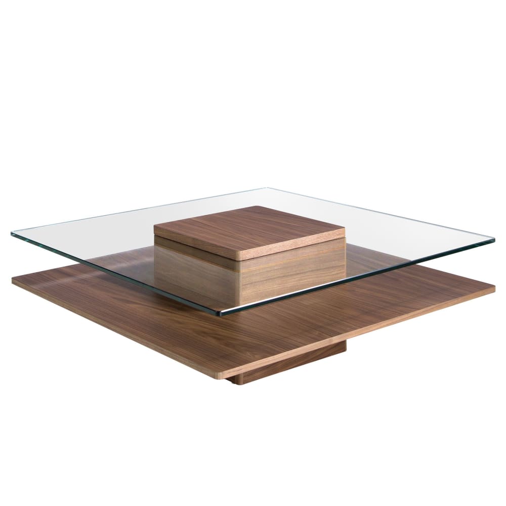 Table basse carrée en verre trempé et noyer Table basse carrée en verre trempé et noyer