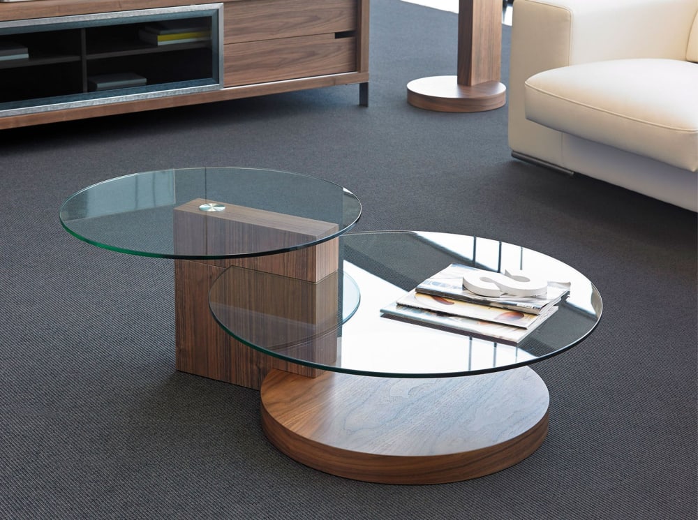 Table basse ronde en verre trempé et noyer