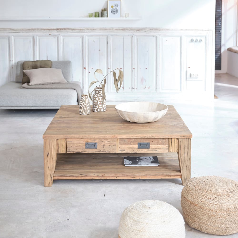 BERAH GETAH Couchtisch 2 Schubladen aus recyceltem Teakholz style landhaus Beige