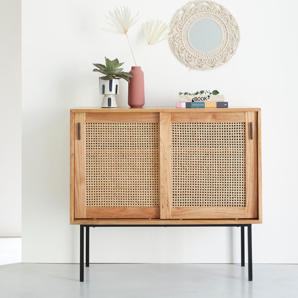 Commode en mindi massif et cannage 100 cm