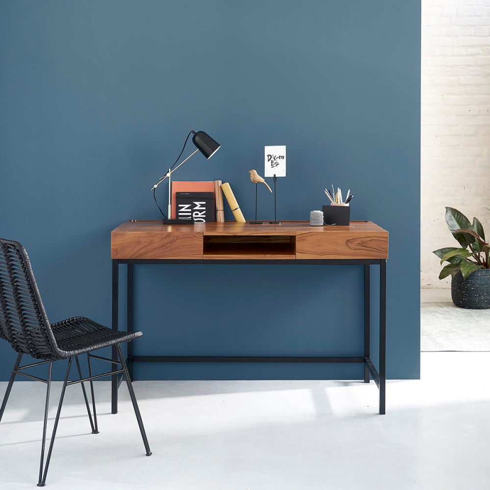 BERAH GETAH Schreibtisch mit 2 Schubladen und 1 Nische aus Holz und Metall style modern Braun Holz
