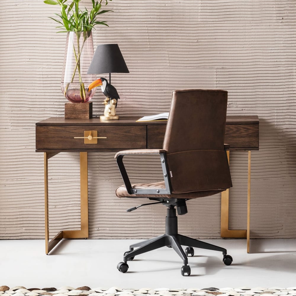 Bureau 2 tiroirs rétro marron et acier doré - Maisons du Monde