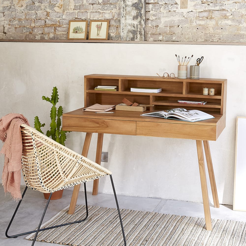 BERAH GETAH Schreibtisch 2 Schubladen und Nischen aus Teakholz style modern Beige