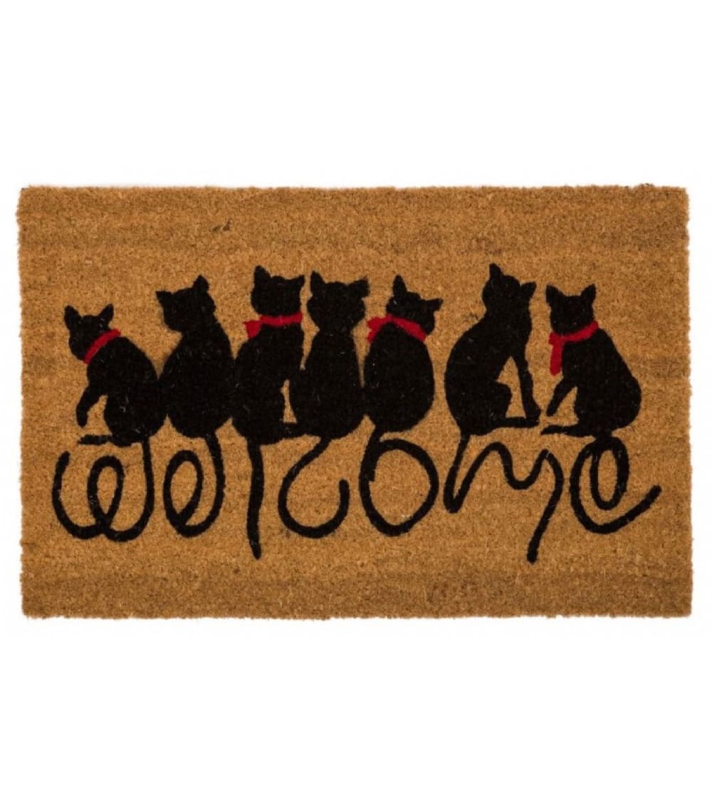 WADIGA Paillasson en coco avec motifs chats et inscription 'Welcome'. Dimensions:60x40x1.5cm - Matière: Coco - Couleur: Marron, Noir, Rouge
