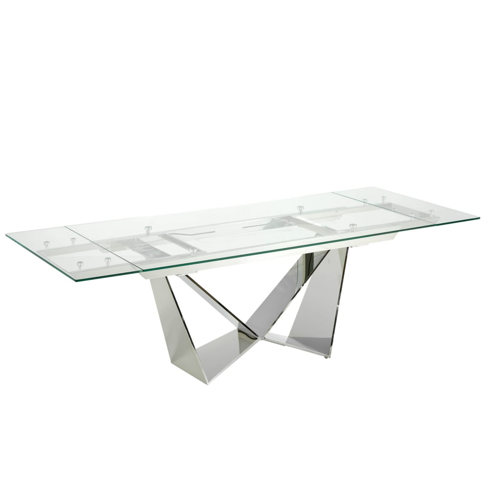Table à manger à rallonge rectangulaire verre trempé et acier chromé