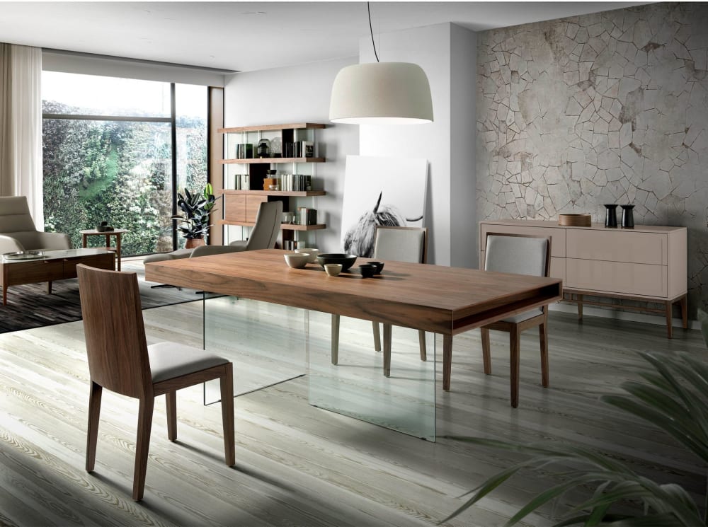Tavolo da pranzo rettangolare noce e vetro temperato - Modello Contemporaneo - Trasparente - LEGNO