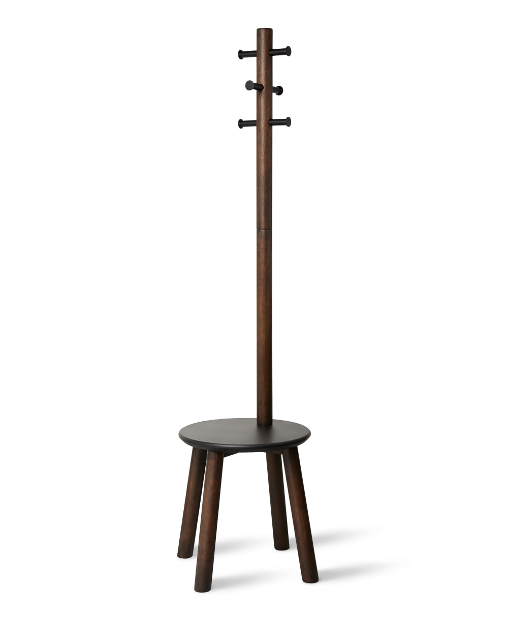 2-in-1-Hocker-Garderobenständer. 6 Haken aus Walnussholz 165 cm -