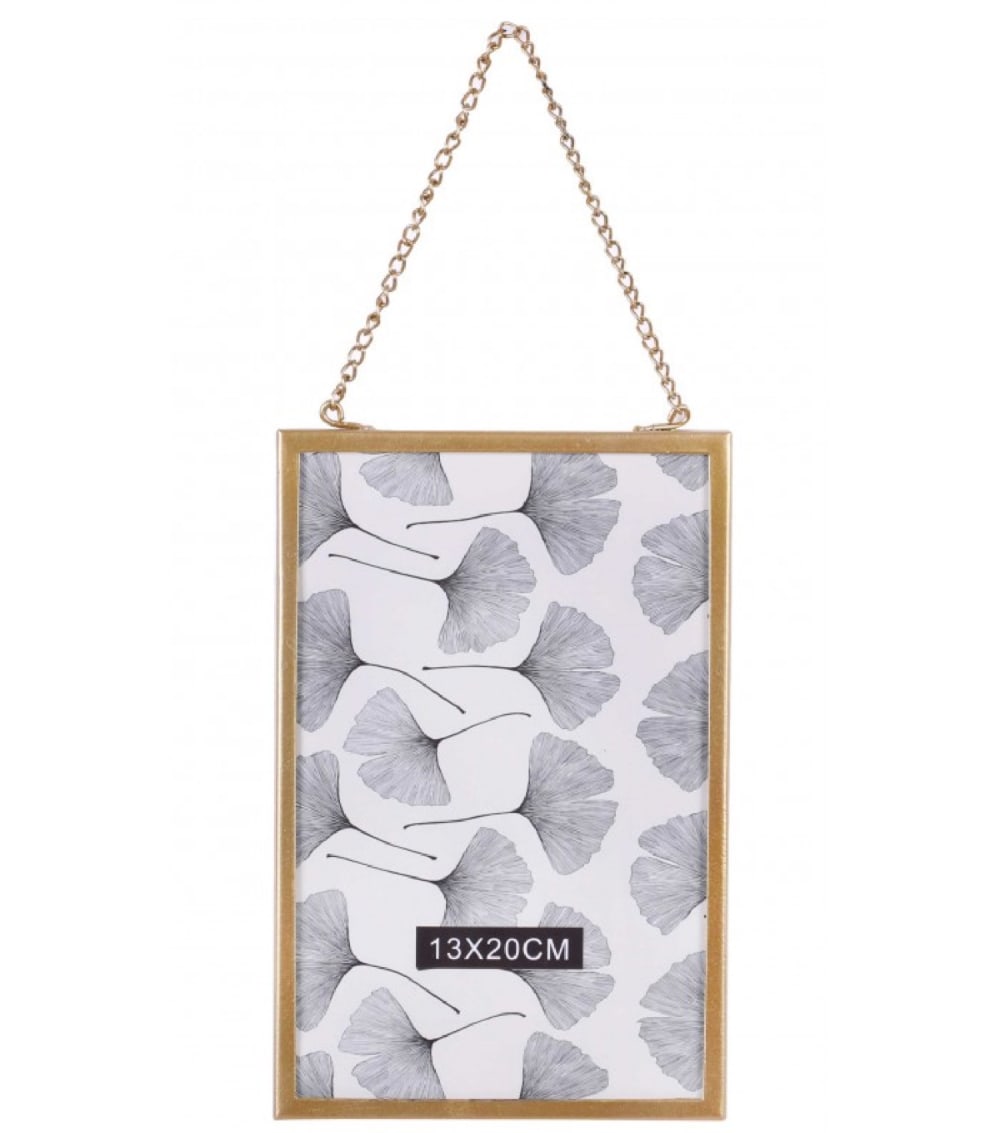 Cadre photo mural en verre et métal doré avec chaînette 13x20cm