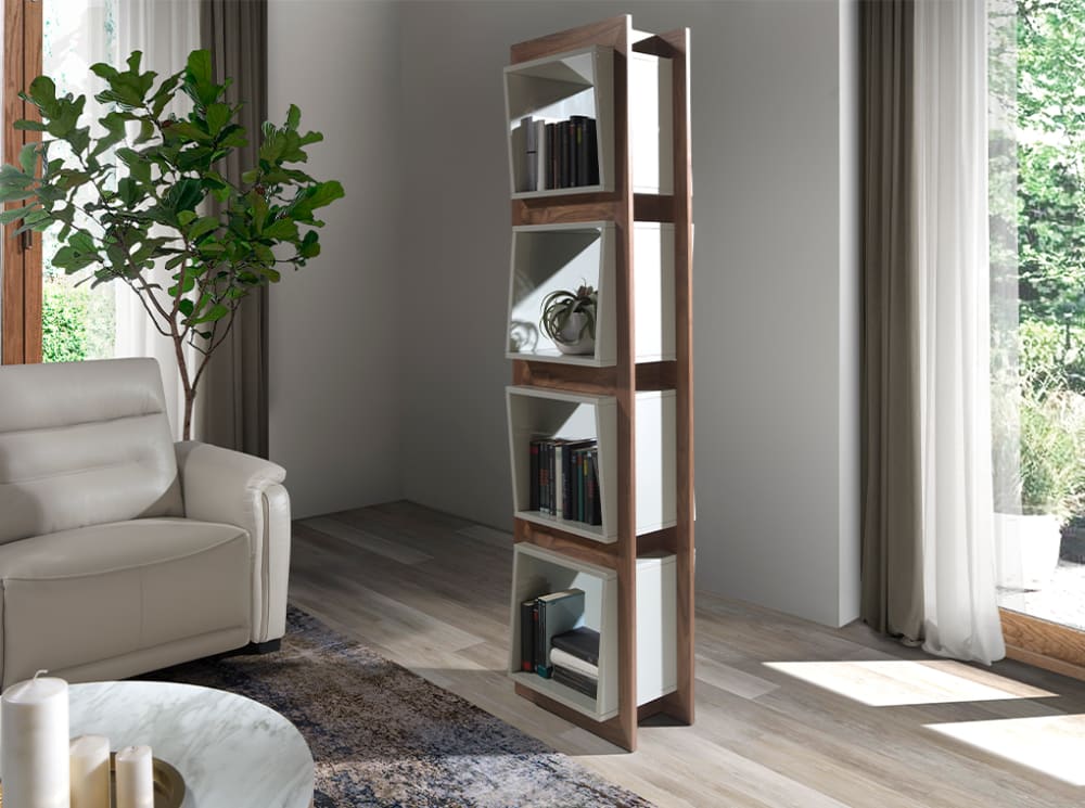 Étagère effet bois noyer et cubes gris