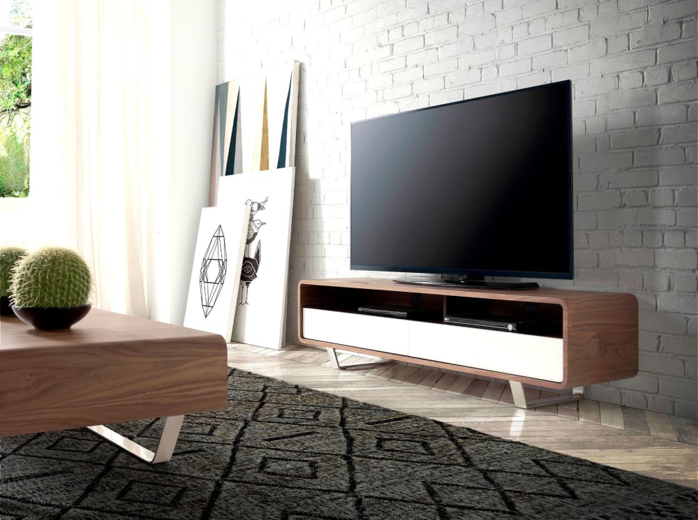 Porta tv in legno bianco, noce e acciaio cromato - Modello Contemporaneo - Marrone - Pannello di particelle