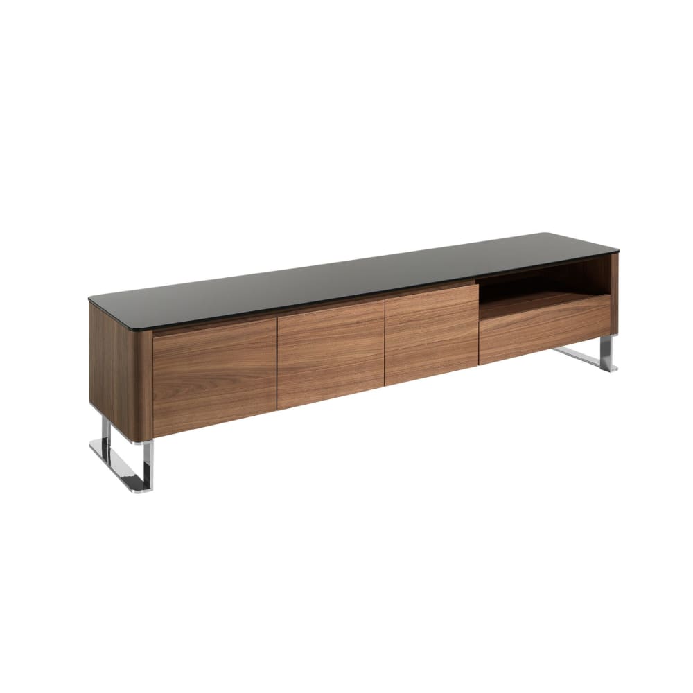 Meuble tv noyer, acier chromé et plateau en verre noir Meuble tv noyer, acier chromé et plateau en verre noir