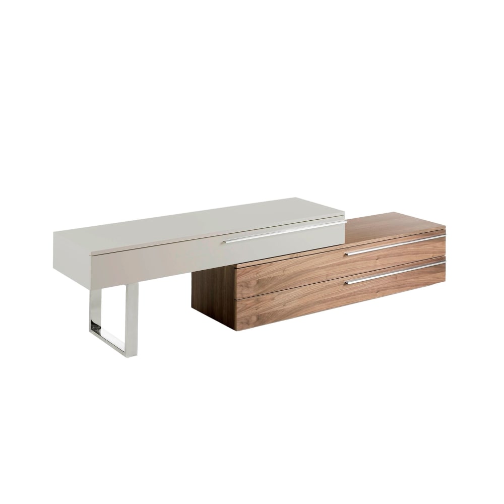 Meuble tv en bois beige, noyer et acier chromé Meuble tv en bois beige, noyer et acier chromé