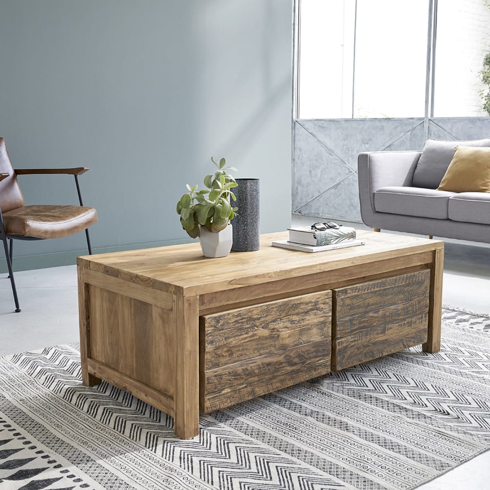 BERAH GETAH Couchtisch 2 Schubladen aus recyceltem Teakholz style landhaus Beige