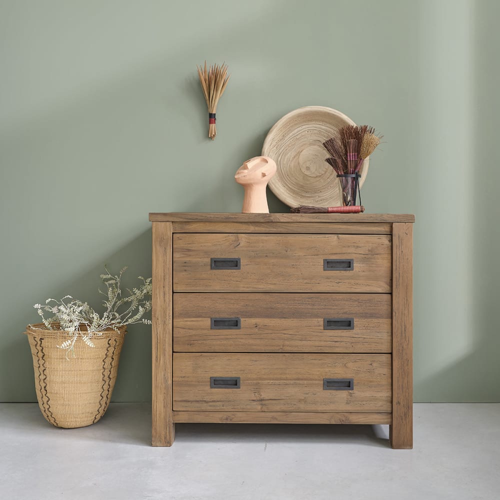 BERAH GETAH Commode en teck recyclé massif 90 cm style campagne Beige Bois - 90x80x50cm