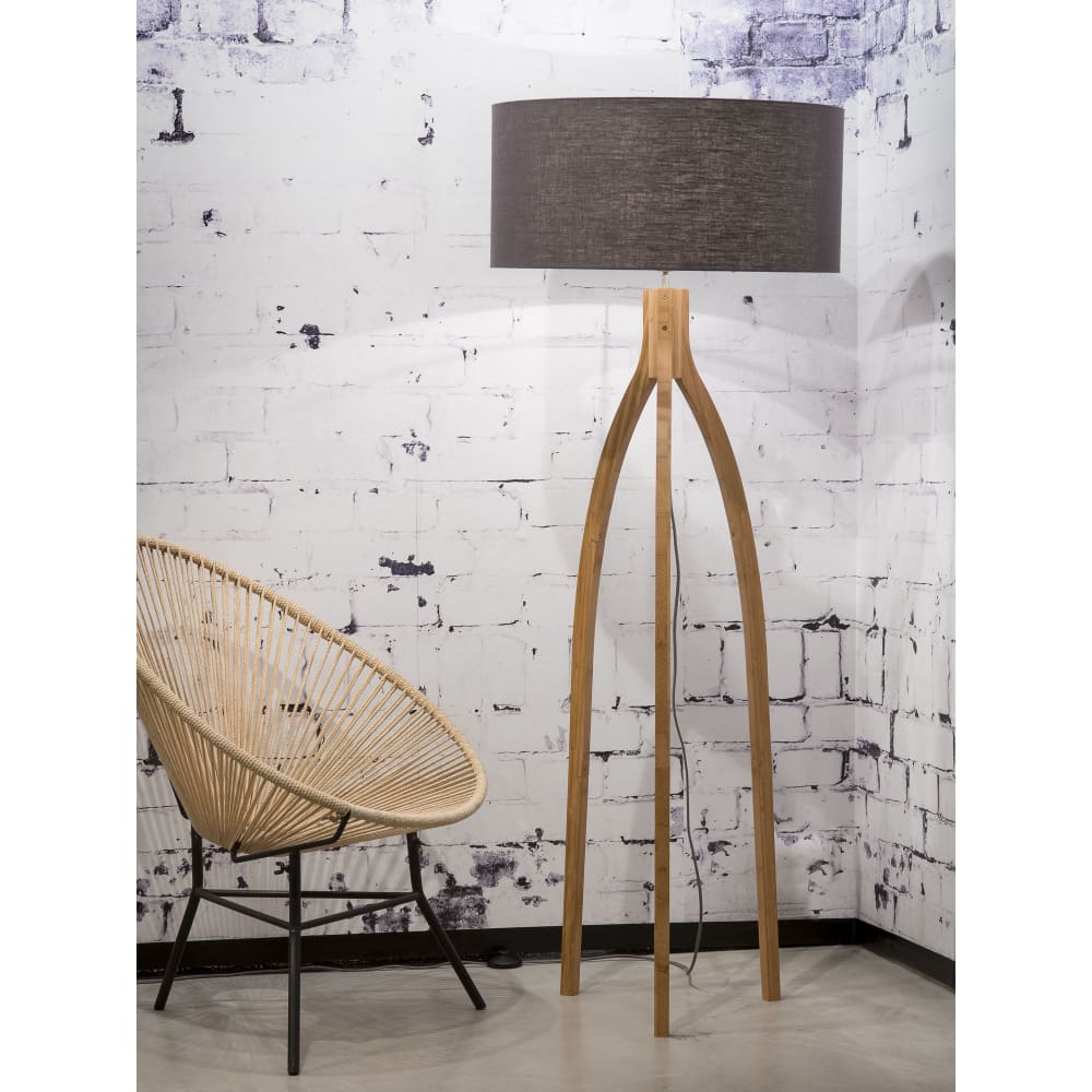 Lampadaire tripode bambou et lin naturel gris H160cm — vue 3