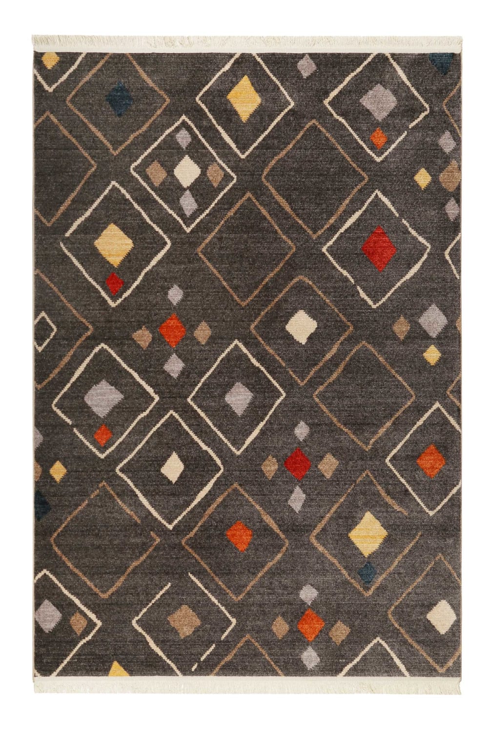 Alfombra tejida étnica elegante multicolore y negro con flecos 133X200