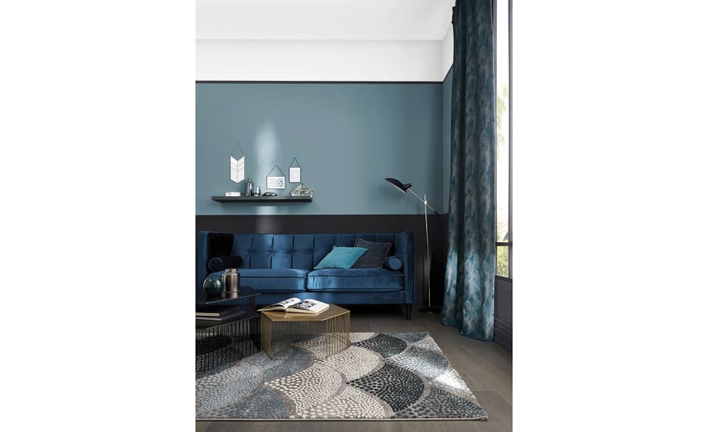 Alfombra de salón tejida con motivo retro azul petróleo gris 200x133 - Maisons du Monde