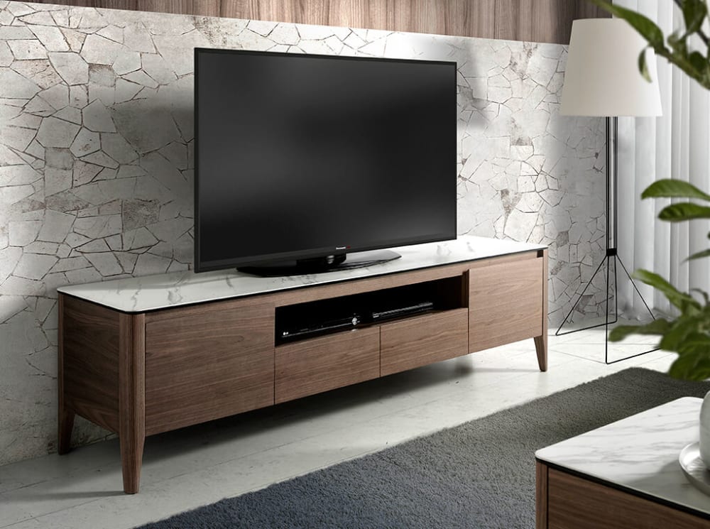 Meuble TV en noyer avec plateau en verre imitation marbre - Maisons du Monde