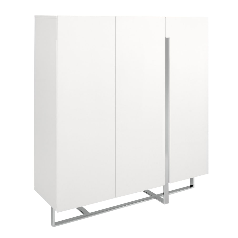 Buffet haut en bois blanc et acier chromé Buffet haut en bois blanc et acier chromé