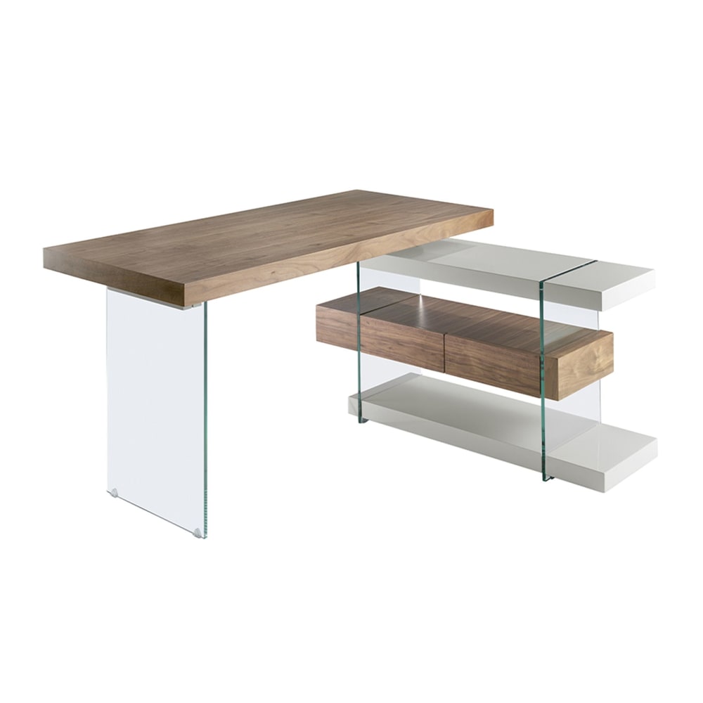 Bureau en bois gris et verre trempé avec plateau en noyer Bureau en bois gris et verre trempé avec plateau en noyer
