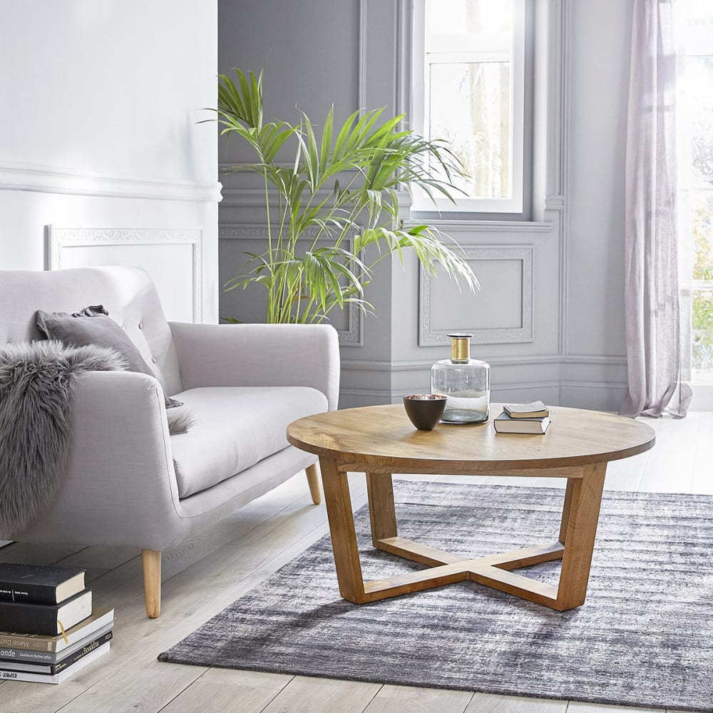 BERAH GETAH Table basse en mindi massif ronde style contemporain Beige Bois - 100x40x100cm