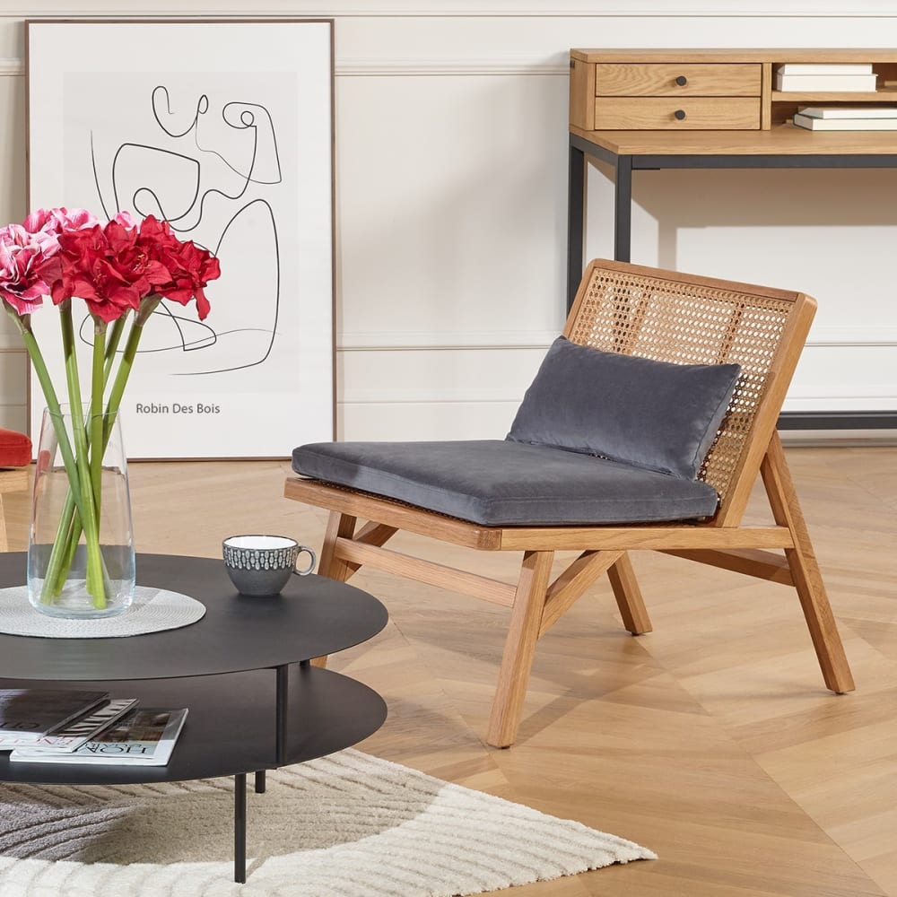 Fauteuil scandinave en chêne, cannage et velours gris loup