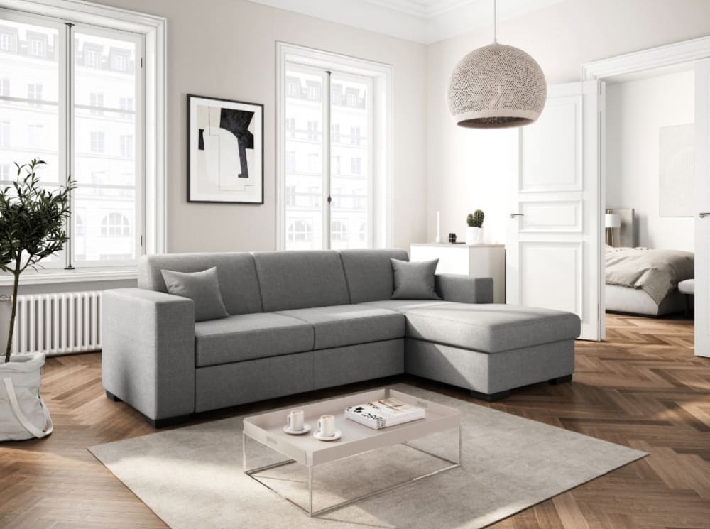 Canapé d'angle droit convertible en tissu gris clair
