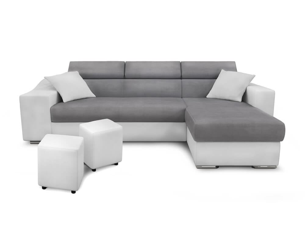 Canapé d'angle gauche microfibre/simili avec poufs - Blanc/Gris