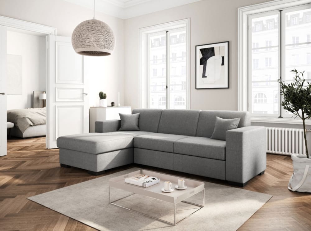 Canapé d'angle gauche convertible en tissu gris clair