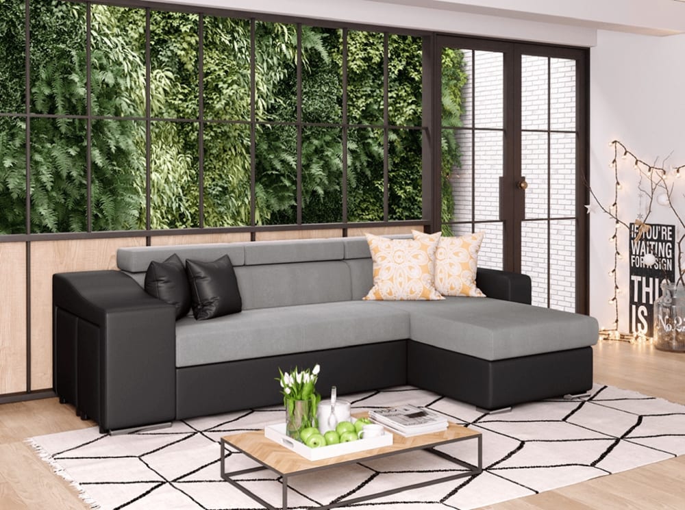 Canapé d'Angle Convertible en Microfibre/Simili avec poufs - Gris/Noir