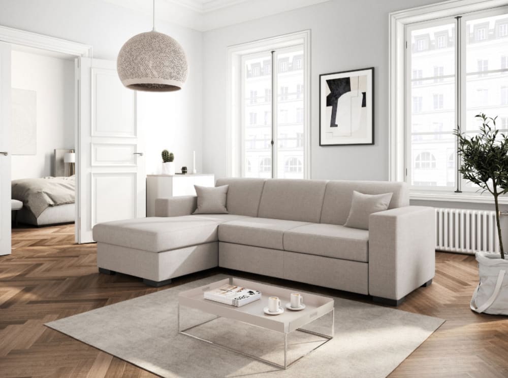 Canapé d'angle gauche convertible en tissu beige