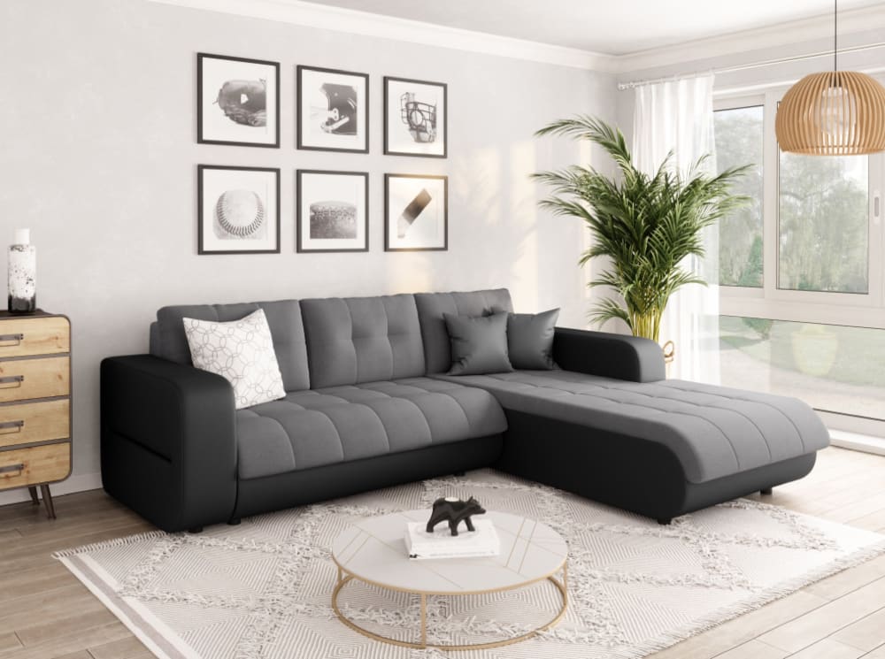 Canapé d'angle droit convertible en simili et microfibre - gris / noir