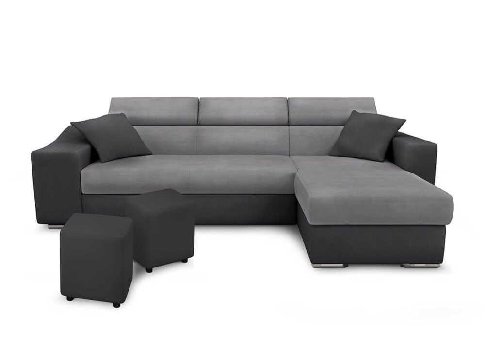 Canapé d'Angle Convertible en Microfibre et Simili avec poufs - Gris