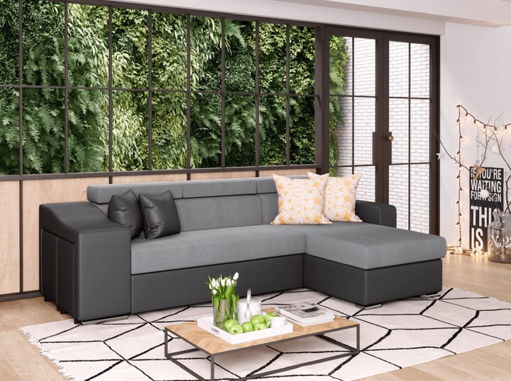 Canapé d'Angle Convertible en Microfibre et Simili avec poufs - Gris